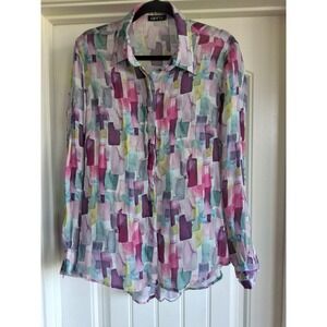 APNY Large Multicolor Watercolor Abstract Button Down Blouse Sheer Long Sleeve L